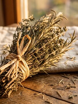 Dried rosemary and thyme bundle tied with raffia