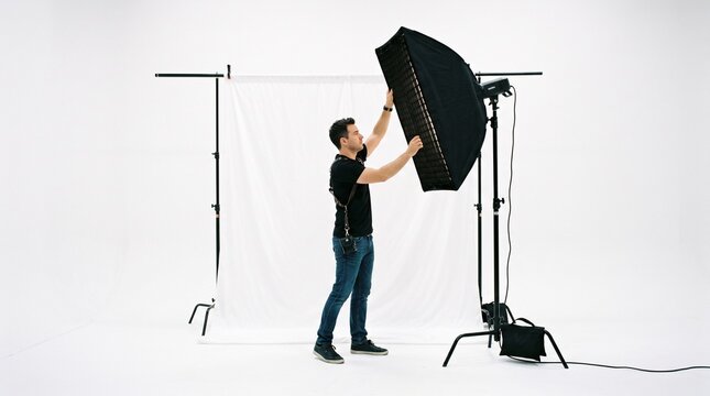 Photographer adjusting a large softbox light modifier in a professional studio with a white backdrop