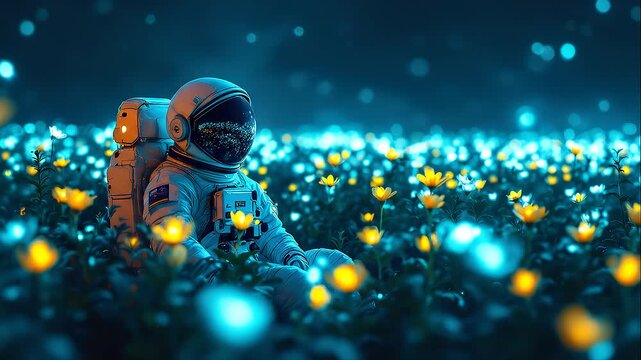 The atmosphere was peaceful and relaxing; an astronaut sat gazing at the glow of neon flowers swaying slowly in the breeze.