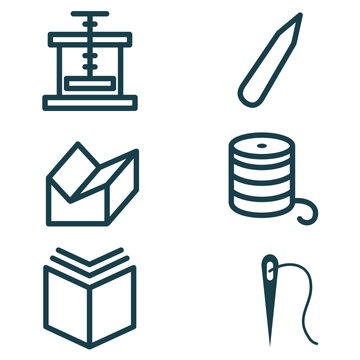 Hand bookbinding tools and bindery equipment line icon set