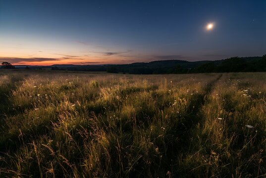 Moonlit grassy meadow under open sky at dusk
