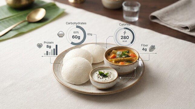 South Indian idli with sambar and chutney dish accompanied by nutrition charts for carbs, calories, protein, and fiber