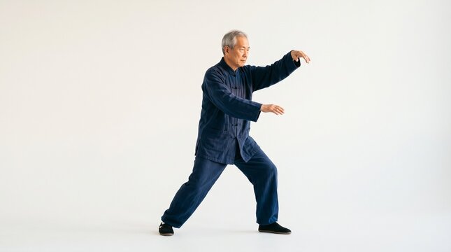 Elderly Asian man practicing Tai Chi in traditional blue uniform on a white background