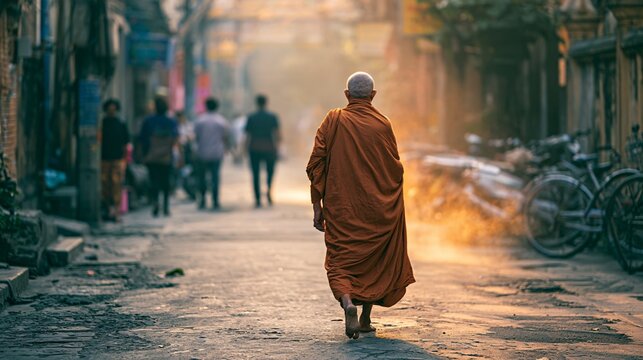 Elderly monk walking barefoot along a quiet temple alley at dawn, saffron robe catching early
