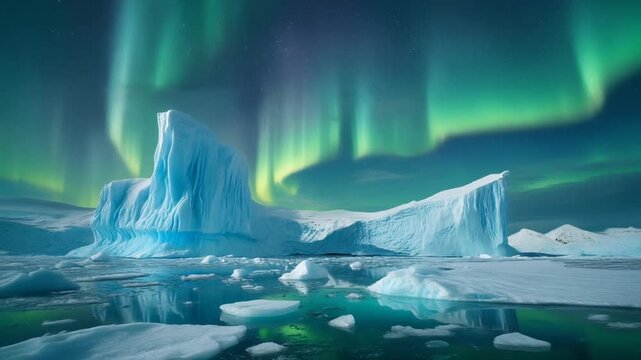 Dramatic display of vibrant green aurora borealis shimmering over majestic ice formations and frigid Arctic waters during a serene polar night, evoking awe and wonder