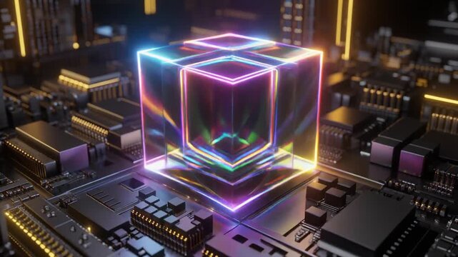 A vividly illuminated crystalline prism emitting rainbow light rays, resting upon a complex circuit board embedded with numerous microchip components, evoking themes of advanced technology, data