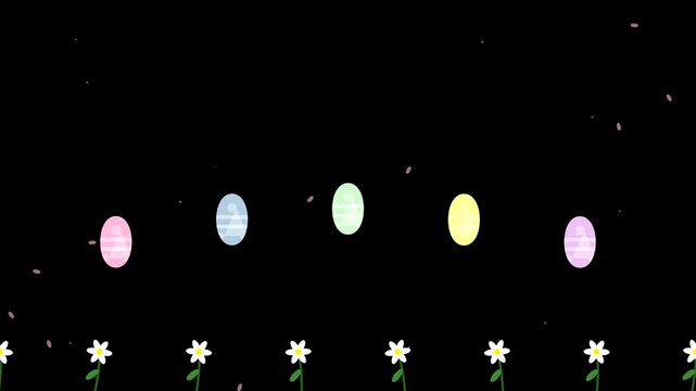 Animated Easter Eggs Falling Against Black Background with Flowers