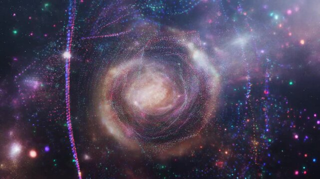 Celestial spiral galaxy illuminated with cosmic dust and nebulae, depicting the vast expanse and wonder of the universe's ongoing creation, teeming with distant starlight and glowing celestial