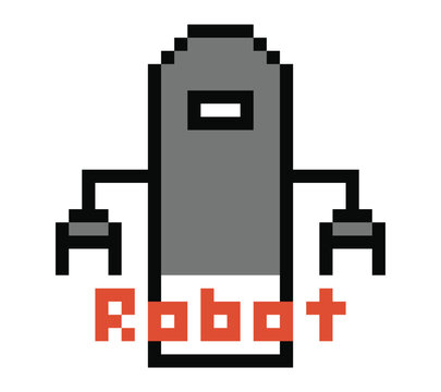 Pixel cahracter in robot artificial intelligence humanoid chat bot in 8 bit cute cyborg samrt machine robot.