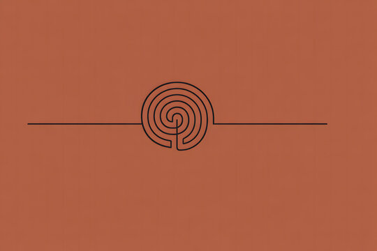 Minimalist vector icon of a circular spiral maze labyrinth with straight paths on a terracotta orange background