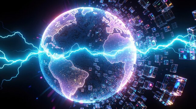 Holographic earth globe fragments into glowing data pieces, digital cubes. Electric blue lightning strikes across planet sphere. High tech network concept showing global cyber crisis, data breach,