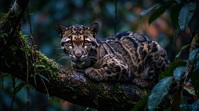 clouded leopard laying down on tree