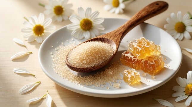 Wooden spoon holds granulated sugar crystals on white plate. Honeycomb pieces, sweet drips rest near grains. White daisy flowers, petals surround food on beige surface. Natural organic ingredients