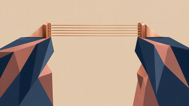 Minimalist low poly style illustration of a suspension rope bridge connecting two geometric rocky cliffs over a peach background