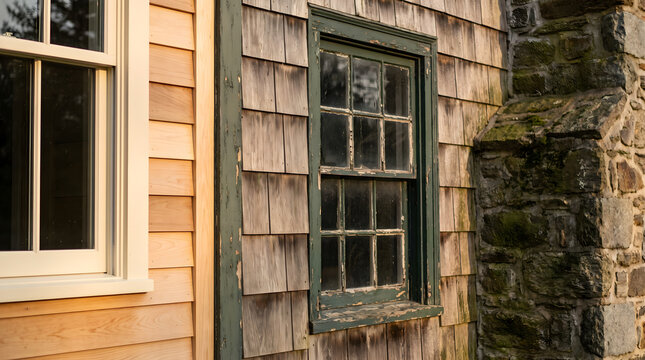 Fixer upper house with old wooden shingle siding and a vintage green framed window on a historic building