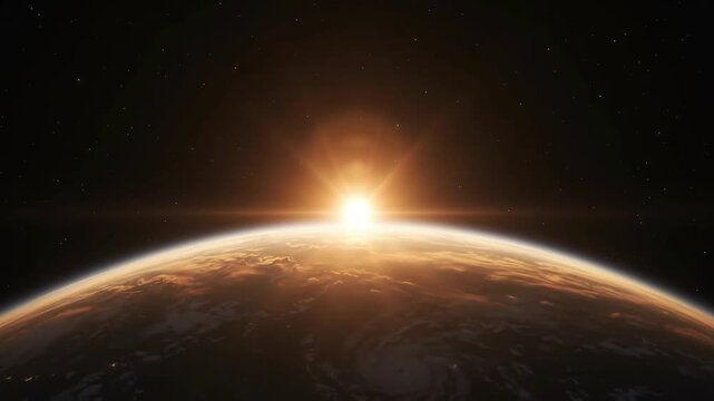 Space orbit view shows a distant planet's curved horizon as radiant sunrise peeks over the edge against the deep black void of the cosmos.