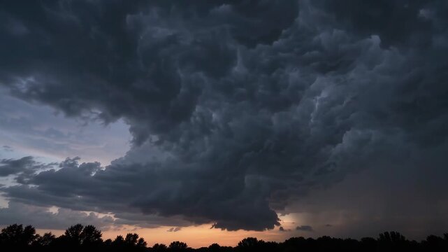 Dark thunderclouds fill the evening sky above a silhouetted treeline with a faint orange sunset glow near the horizon, intense and moody.