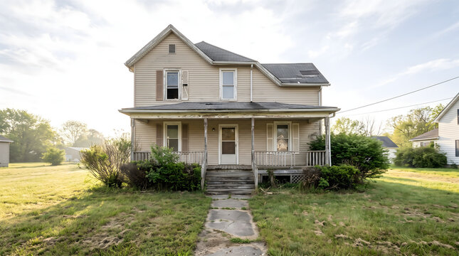 An old abandoned fixer upper house with peeling paint and overgrown lawn in a rural suburban neighborhood