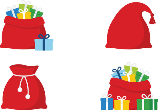 Red Santa Claus sack set filled with colorful Christmas holiday gift boxes for festive celebration designs