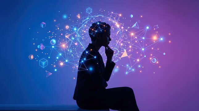 Silhouette of a man thinking deeply with glowing abstract network connections and geometric shapes floating around his head, representing creativity, innovation, artificial