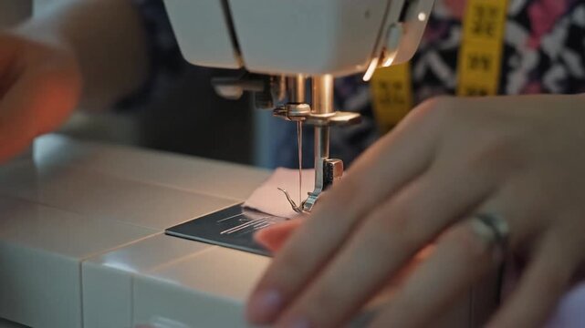 Close-up of a sewing machine stitching fabric in a textile workshop