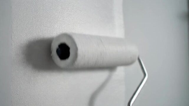 Painting a white wall with a paint roller during home renovation