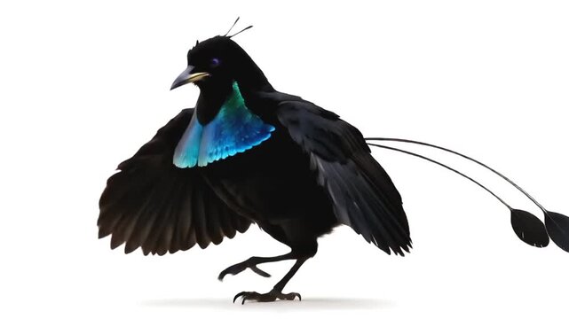 This is a video of a black bird of paradise dancing in a white isolated studio. 