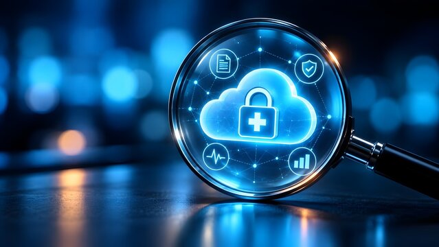 Glowing digital magnifying glass focusing on a secure cloud computing icon surrounded by data and medical symbols representing secure digital health records and cyber security analysis
