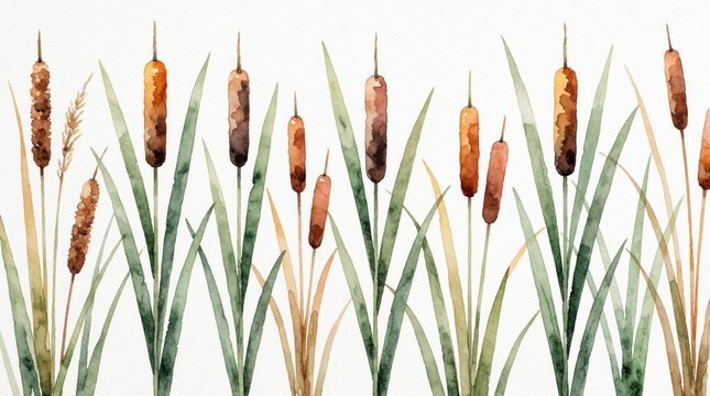 Elegant watercolor cattail plants with long green leaves. Minimalist botanical illustration shows marsh vegetation in soft brown, green colors. Natural reed stalks grow in wetland environment.
