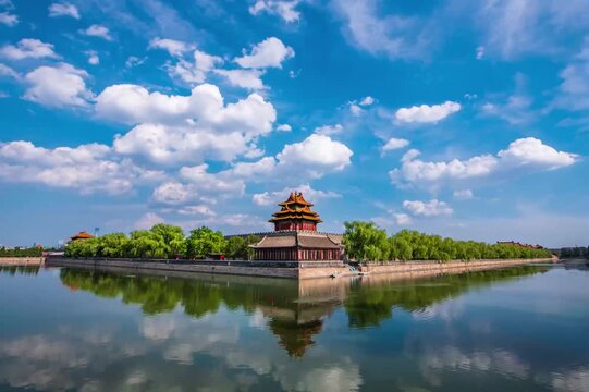 Forbidden City corner tower reflected in moat under blue sky with cumulus clouds, Beijing
