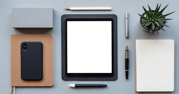 Modern workspace flat lay with tablet mockup smartphone and notebook