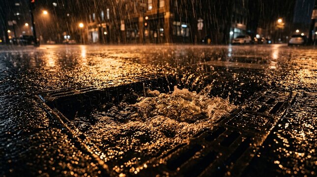 Heavy rain pours into a dark metal street storm drain, water splashing into bubbles under warm amber streetlights on wet asphalt at night.