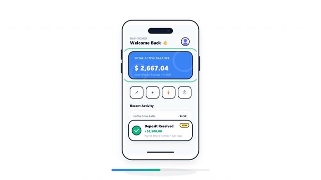 Direct deposit transaction animation on smartphone app screen