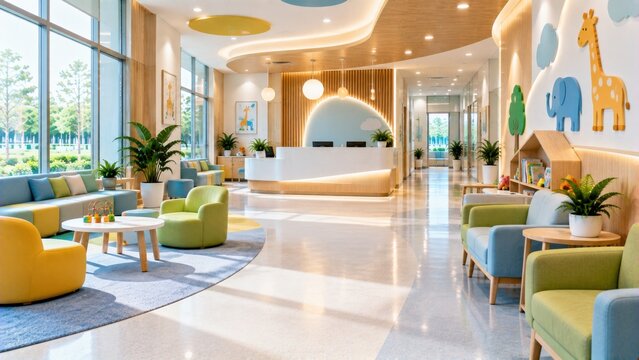 Pediatric clinic waiting area showcases colorful furniture and friendly animal wall decals for kids.