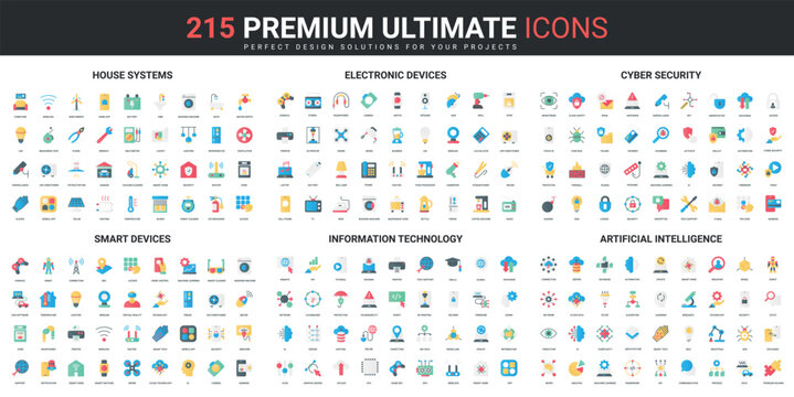 Smart home systems and devices, AI information technology color flat icons set vector illustration. Abstract symbols of artificial intelligence, cyber security simple design for mobile and web apps