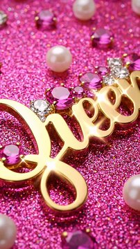 Gleaming Gold Script Word Love Adorns Vibrant Pink Glittery Surface with Pearls