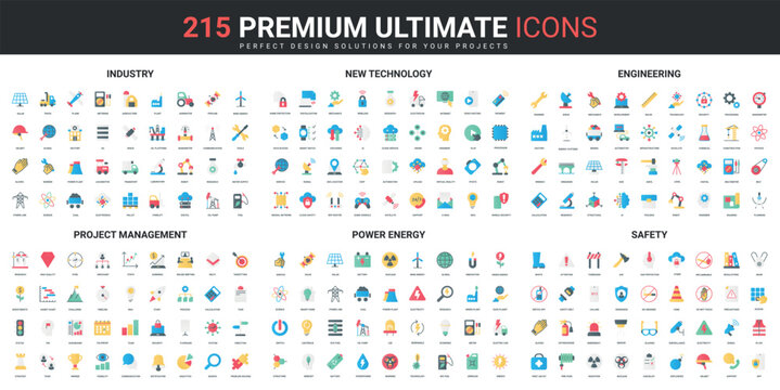 Industry and engineering, new technology, safety color flat icons set vector illustration. Abstract symbols of business project management, power energy factory simple design for mobile and web apps