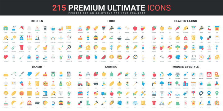Healthy eating, modern lifestyle, kitchen and bakery equipment color flat icons set vector illustration. Abstract symbols of agriculture farming, organic food simple design for mobile and web apps
