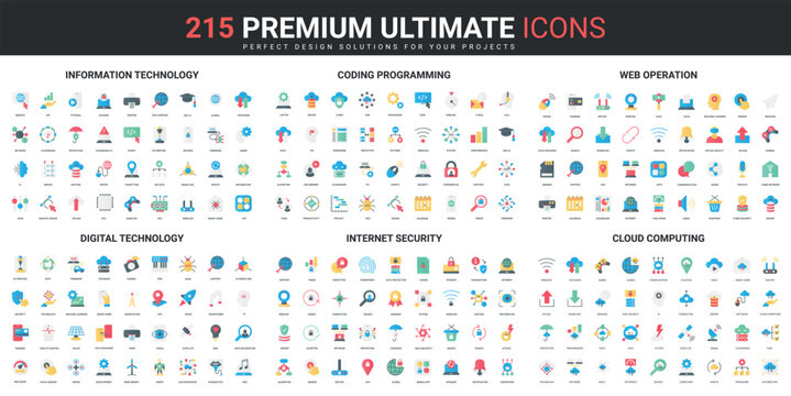 Web coding, programming and internet security color flat icons set vector illustration. Abstract symbols of information, digital technology and cloud computing simple design for mobile and web apps