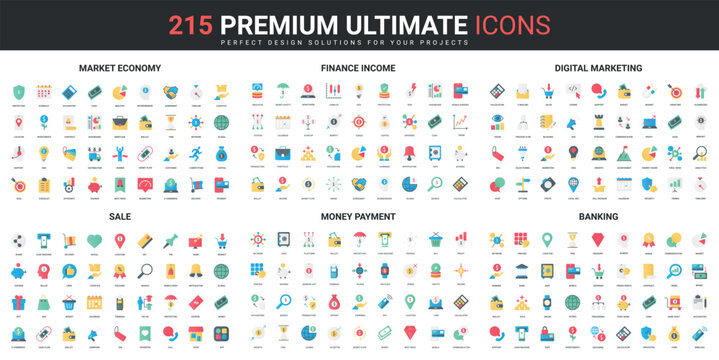 Stock market, finance strategy for success, digital marketing and sales color flat icons set vector illustration. Abstract symbols of financial growth, business simple design for mobile and web apps