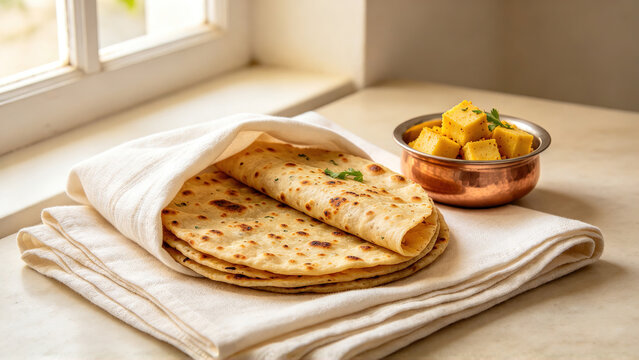 Stack of folded flatbreads with spiced paneer in a copper bowl by a sunlit window