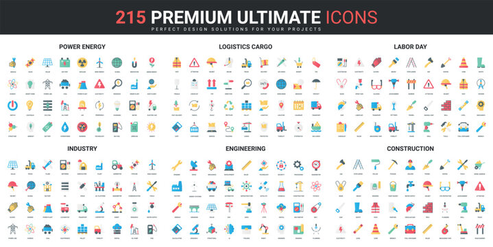 Power energy industry, construction and engineering, cargo delivery color flat icons set vector illustration. Abstract symbols of logistics, labor day and tools simple design for mobile and web apps