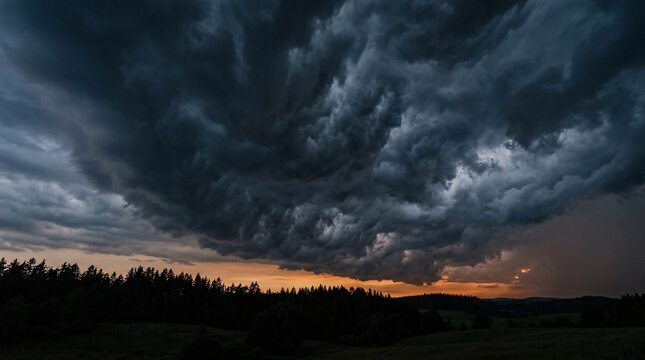 Dark thunderclouds fill the evening sky above a silhouetted treeline with a faint orange sunset glow near the horizon, intense and moody.