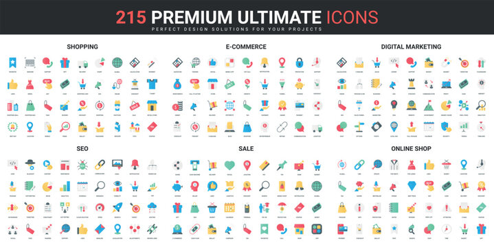 Shopping, digital marketing campaign color flat icons set vector illustration. Abstract symbols of ecommerce strategy, online store, SEO service for sales simple design for mobile and web apps