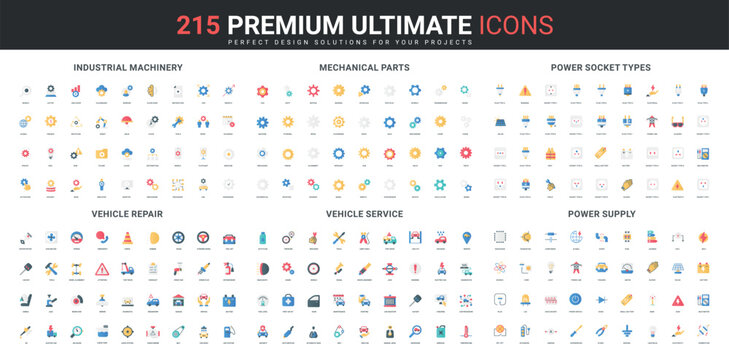 Industrial mechanical machinery and auto parts, car maintenance and repair service line icon set. Electricity supply, types of power sockets thin black and red outline symbols vector illustration
