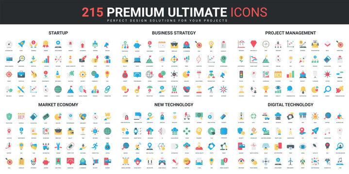 Business startup, project management, new digital technology color flat icons set vector illustration. Abstract symbols of market economy strategy, organization simple design for mobile and web apps