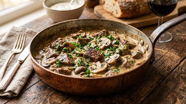 Creamy beef stroganoff with mushrooms and tender meat in a vintage copper skillet, garnished with parsley on a rustic table in warm light.