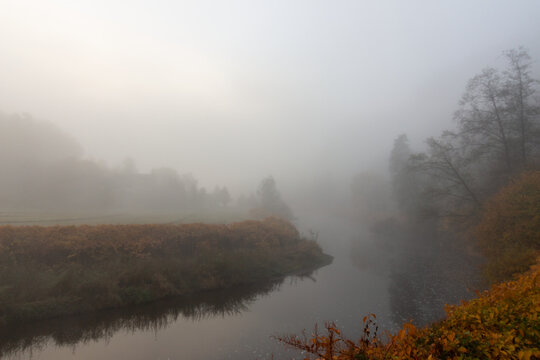 Foggy river in autumn with colorful leaves