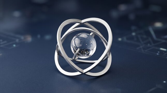 Abstract geometric silver ring surrounding a crystal sphere on dark