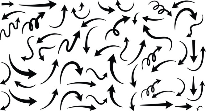 black hand drawn arrow vector set containing sketchy directional pointers and loops for creative infographic design